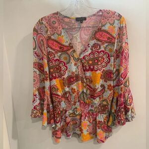 1. State Pink and Orange Ruffled Bell Sleeve Blouse